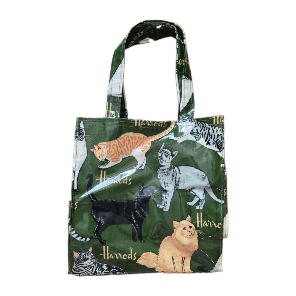 Harrods Knightsbridge Cat Tote Bag Purse Green Vinyl Coated Cotton